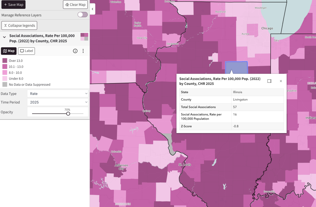 Map showing 57 social associations in Livingston County, Illinois
